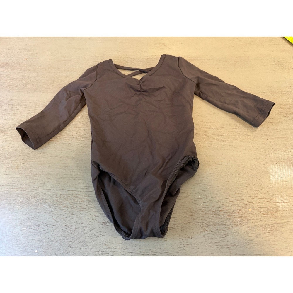 Danskin Now Girls Long Sleeve Leotard Gray Ruched Front Crisscross Back XS 4-5